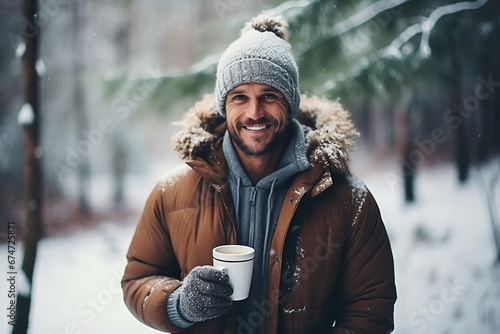 Portrait of a young man with a cup of hot chocolate on the background of the winter forest