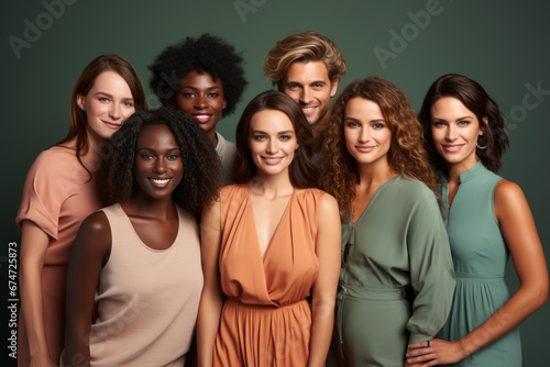 Studio portrait of cheerful smiling young people. A group of millennial friends from different racial, gender, and cultural backgrounds. Concept of diversity, friendship and multi-ethnic youth.