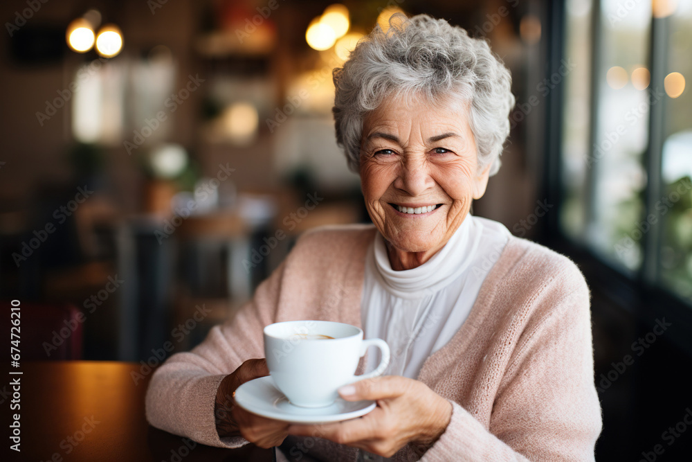 Portrait of smiling senior woman holding cup of hot drink in cafe Portrait of smiling senior woman holding cup of hot drink in cafe