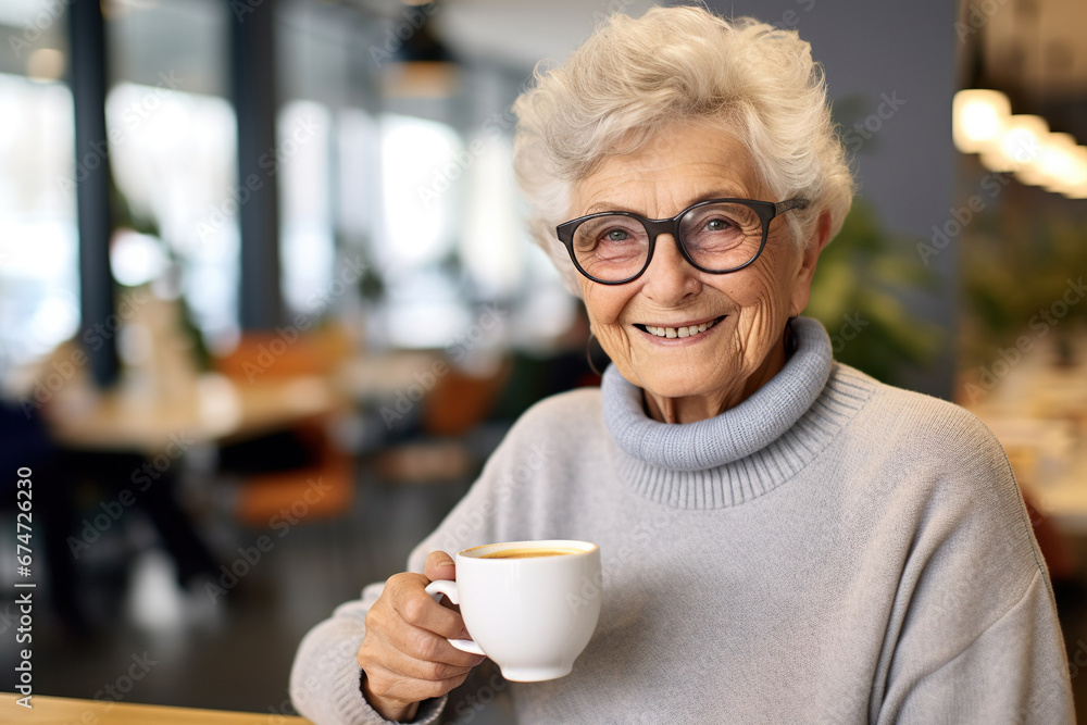 Portrait of smiling senior woman holding cup of hot drink in cafe Portrait of smiling senior woman holding cup of hot drink in cafe