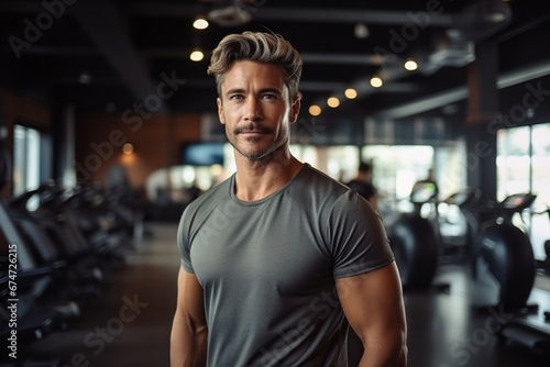 Portrait of smiling sporty man holding plastic cup of coffee in gym