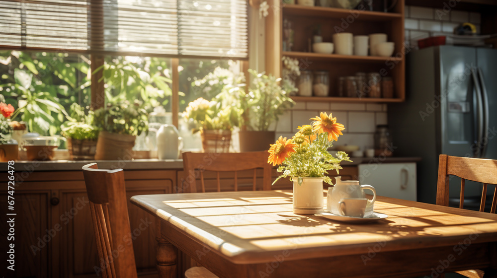 Wooden clean table in the kitchen, The sun shines through the window. ai generative Wooden clean table in the kitchen, The sun shines through the window. ai generative