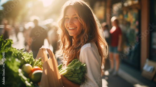 Young lady holding fruits and vegetables into reusable cotton produce bag on food market, sustainable lifestyle and eco shopping concept photo