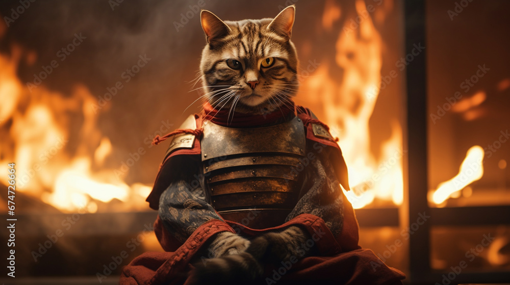 A samurai cat against the background of flames A samurai cat against the background of flames