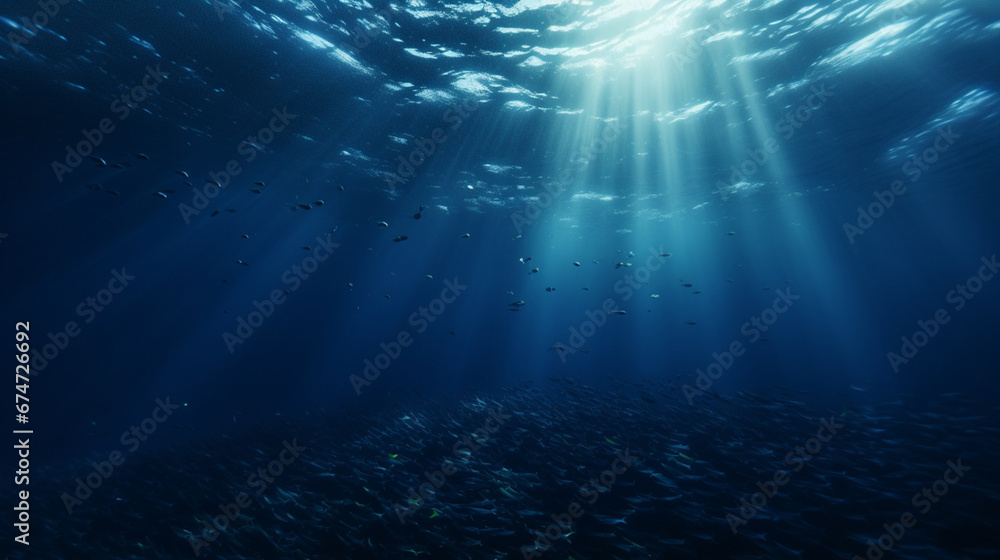 A dark blue ocean, underwater landscape