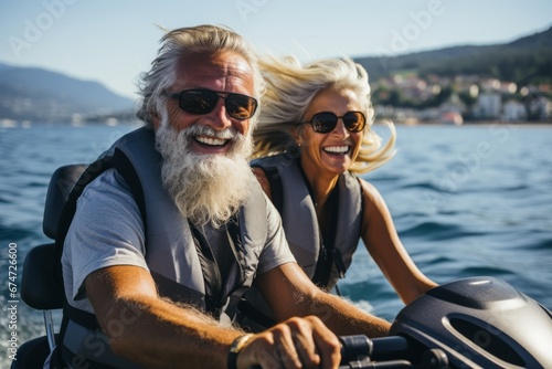 Cheerful senior Caucasian couple in life vests riding jet ski on a lake or along sea coast. Active elderly persons having fun on water scooter. Healthy lifestyle for retired people. © Georgii