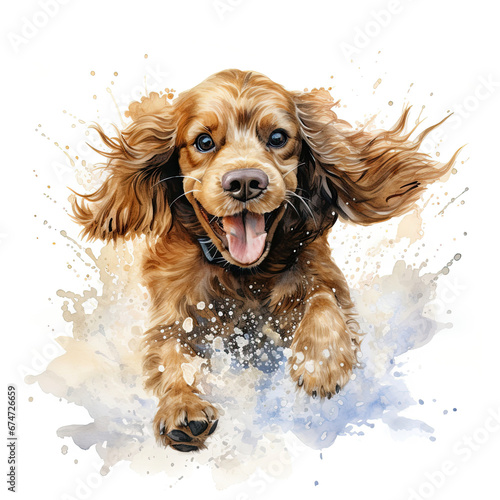 Beautiful Cocker Spaniel dog running through a puddle. Watercolour painting isolated on white background.