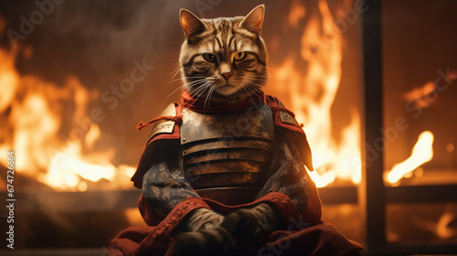 A samurai cat against the background of flames