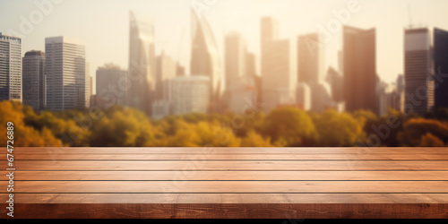 Empty wooden tabletop with blurred background of business district and office building and autumn trees. ai generative