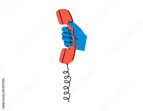 Hand drawn cute cartoon illustration of hand with retro telephone receiver. Flat vector old phone handset sticker in simple colored doodle style. Making a call icon or print. Isolated.