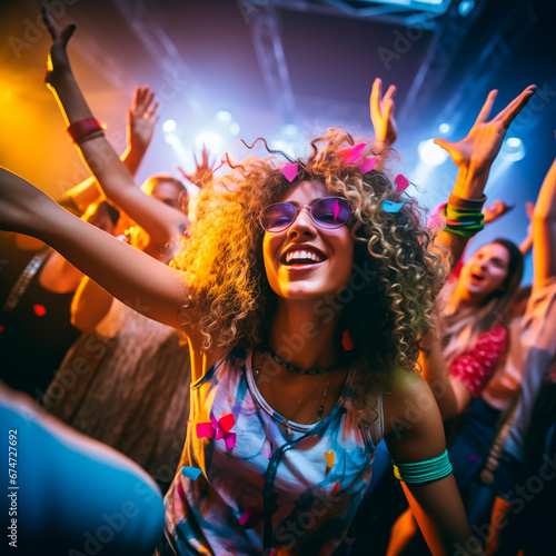Girl dancing in a club, a disco or at a rave. Smiling looking happy while partying the night away on the dancefloor with colorful lights and confetti. Shallow field of view.