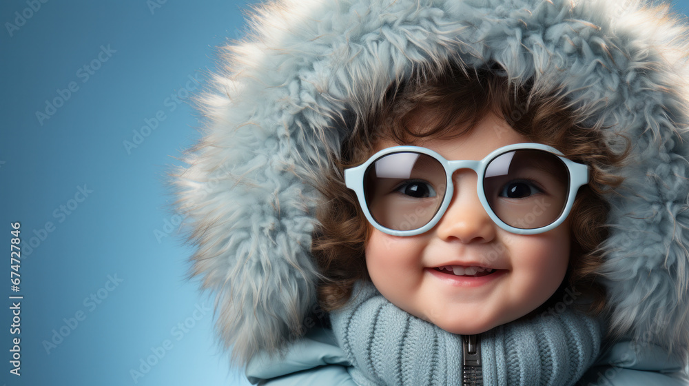 Head and shoulders portrait of young funny boy wearing eyeglasses in blue warm hat