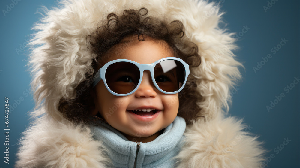 Head and shoulders portrait of young funny boy wearing eyeglasses in blue warm hat Head and shoulders portrait of young funny boy wearing eyeglasses in blue warm hat