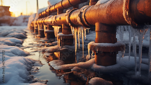 rusty water pipes covered with ice. breakdown in the winter season. generative artificial intelligence