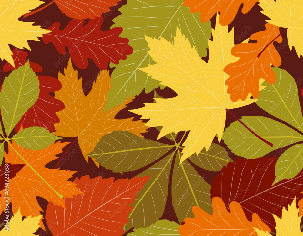 Fototapeta premium Autumn leaves seamless pattern. Repeating design element for printing on fabric. Fall season foliage. Orange and green leaf. Natural and organic plants. Cartoon flat vector illustration