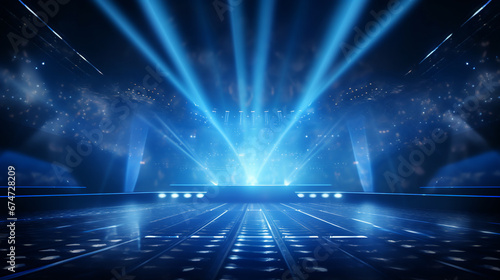 Online event entertainment concept. Background for concert. Blue stage spotlights. Empty stage with blue spotlights. ai generative