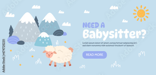 Babysitter advertising poster. Sheep with mountains at background of sky with clouds. Care about kids and children. Landing page design. Template and layout. Cartoon flat vector illustration