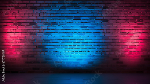 texture background of a brick wall with neon light in blue and pink colors. ai generative