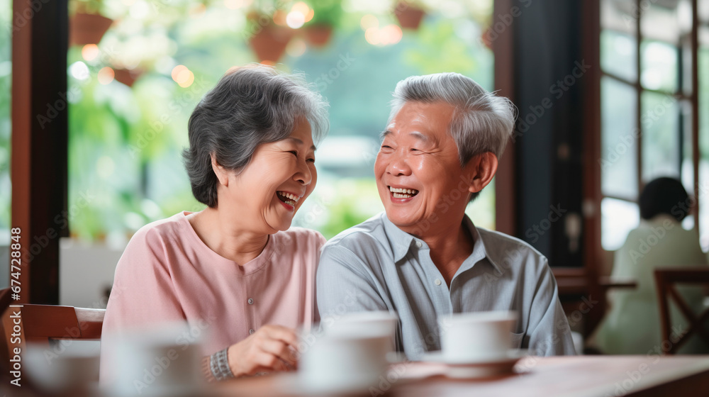 Chinese senior couple sitting in cafe, man and woman drinking coffee or tea in cozy place, laughing and talking sweetly to each other Chinese senior couple sitting in cafe, man and woman drinking coffee or tea in cozy place, laughing and talking sweetly to each other