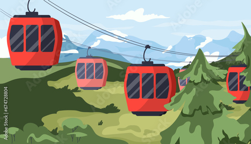 Cableway landscape concept. Red cabins at lines at background of christmas tree and hills. Beautiful panorama at summer and spring season. Poster or banner. Cartoon flat vector illustration photo
