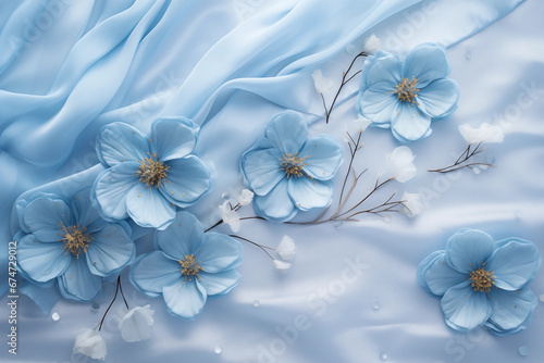 Gentle light-blue silk and flowers background