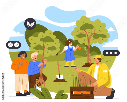 Childs helping in garden concept. Kids with trees and shvel. Gardening and agriculture, farming. Boys and girls with harvest and crop. Cartoon flat vector illustration isolated on white background