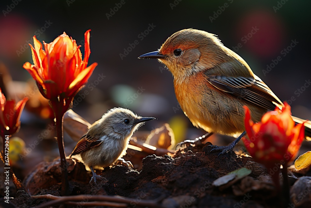 Birds and flowers in nature