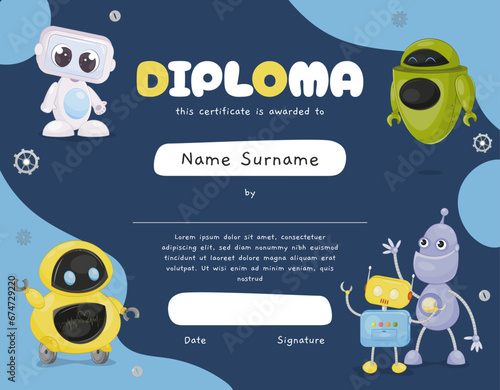 Diploma with robots. Template for certificate for school or educationl courses. Document with bots. Fantasy and imagination. Poster or banner. Cartoon flat vector illustration
