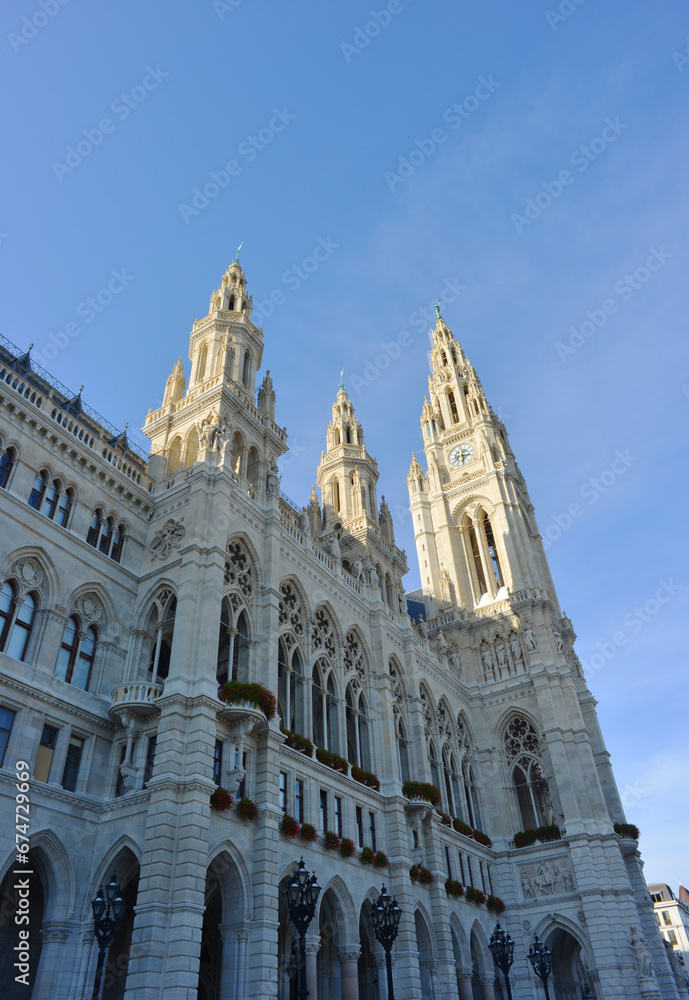 Wien, Austria, City hall building architecture against blue sky, vertical