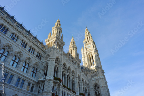 Vienna, Austria, facade of the town hall building against blue sky