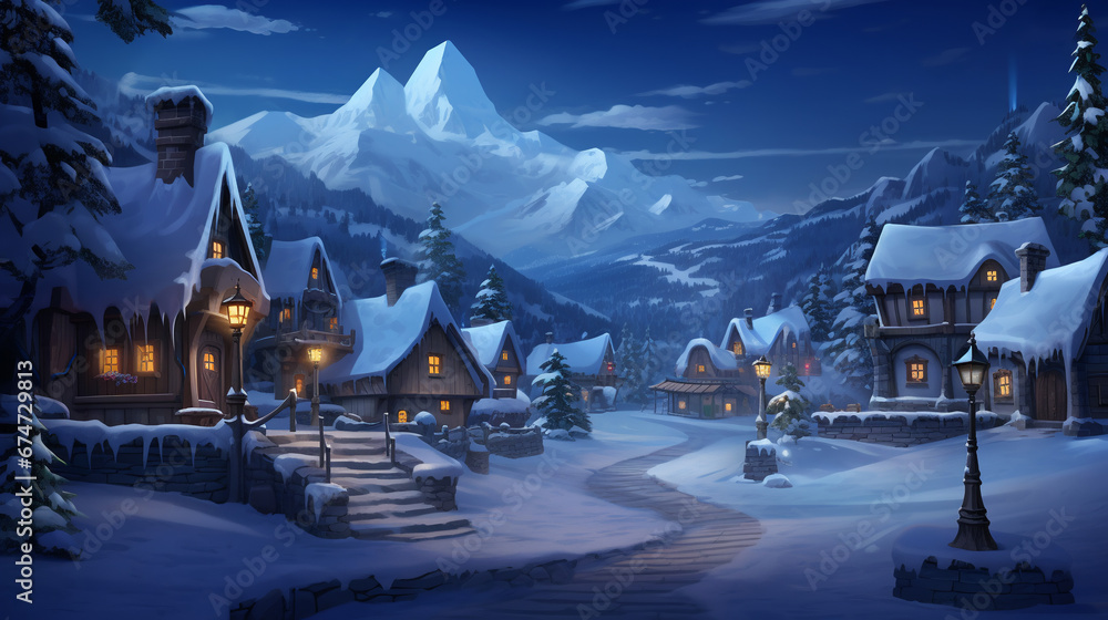 art landscape of a winter village on Christmas night. ai generative - obrazy, fototapety, plakaty 