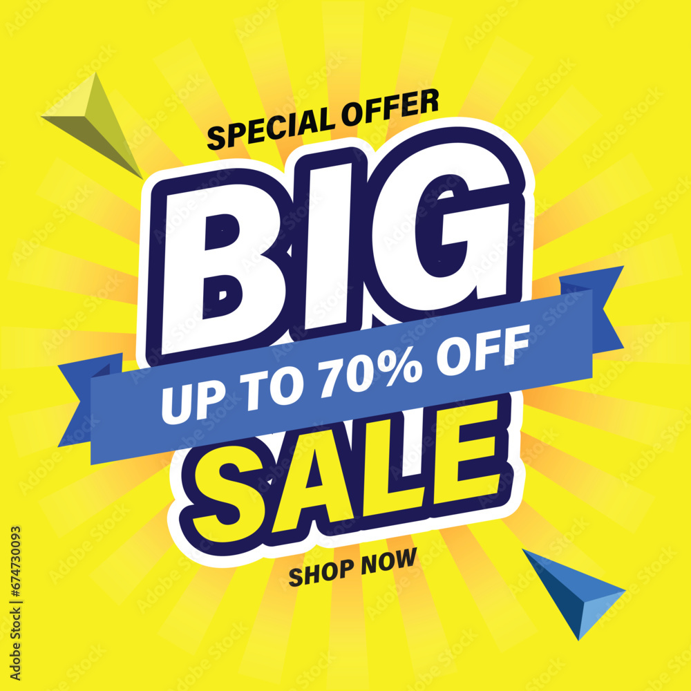 Big Sale Shopping Poster or banner with Flash icon and 3D text on yellow background. Flash Sales 70% Off template design for social media and website. Special Offer Grand Sale campaign or promotion.