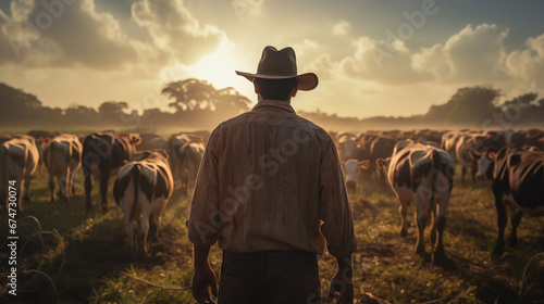 A farmer man in a field with cows. ai generative photo