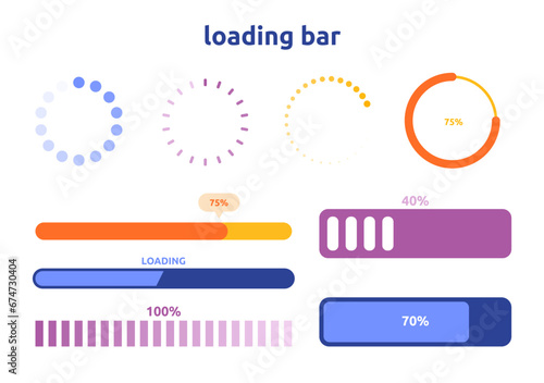 Loading progress bar icons set. Design elements for website. Downloading and uploading. Colorful bars and circles for mobile application. Cartoon flat vector collection isolated on white background