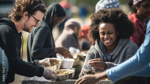 A person smiles while volunteering, handing out food to a diverse community at an outdoor charity event. photo