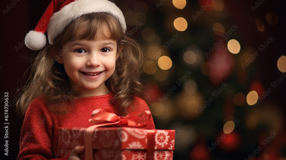 A joyful child with curly hair, dressed in red, holds a Christmas gift with a sparkling bokeh light background. A joyful child with curly hair, dressed in red, holds a Christmas gift with a sparkling bokeh light background.