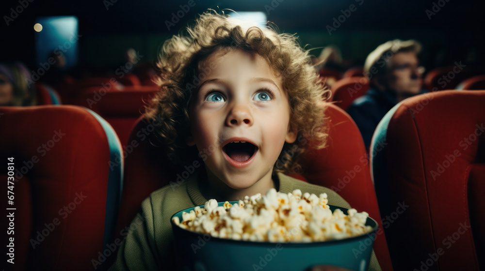 Wide view of a little kid eating popcorn and enjoying a movie while sitting in cinema theater Wide view of a little kid eating popcorn and enjoying a movie while sitting in cinema theater