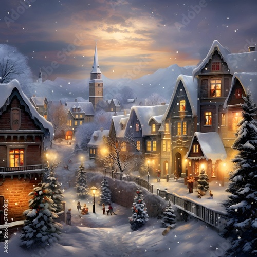 Winter village in the evening. Christmas and New Year holidays concept.
