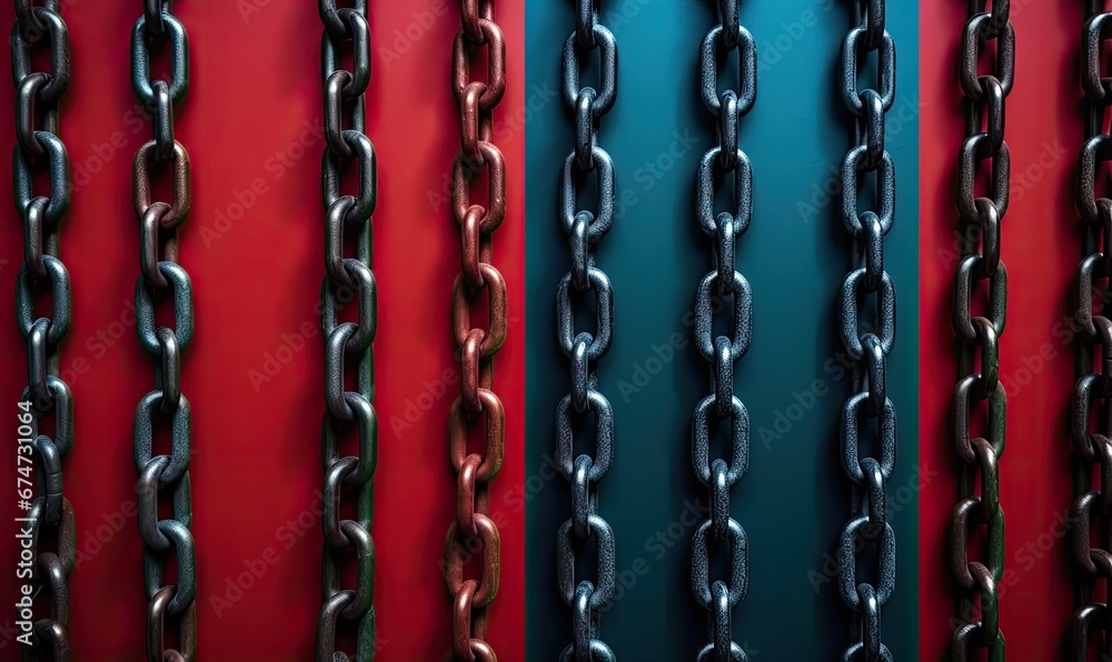 A Striking Display of Black Chains Against a Vibrant Red and Blue Wall A Striking Display of Black Chains Against a Vibrant Red and Blue Wall