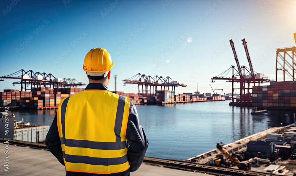 A Glimpse of the Maritime World: A Hard Hat-Wearing Man Observing the Harbor A Glimpse of the Maritime World: A Hard Hat-Wearing Man Observing the Harbor