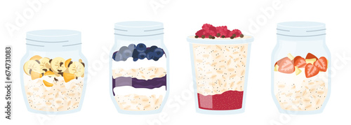 Oatmeal in jar set. Traditional and healthy morning breakfast. Proper nutrition and diet. Blueberry, strawberry with milk porridge. Cartoon flat vector collection isolated on white background
