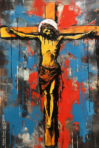 Crucifixion painting, Jesus on the cross crown of thorns expressionism