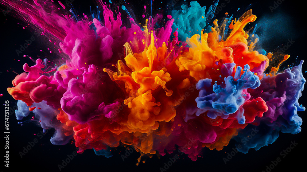 explosion of colored paints on a black background, background, space for text
