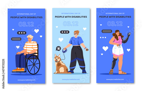 Persons with disabilities posters set. Man at wheelchair and woman with prothethis, girl with dog at leash. Health care and medicine. Cartoon flat vector collection isolated on white background