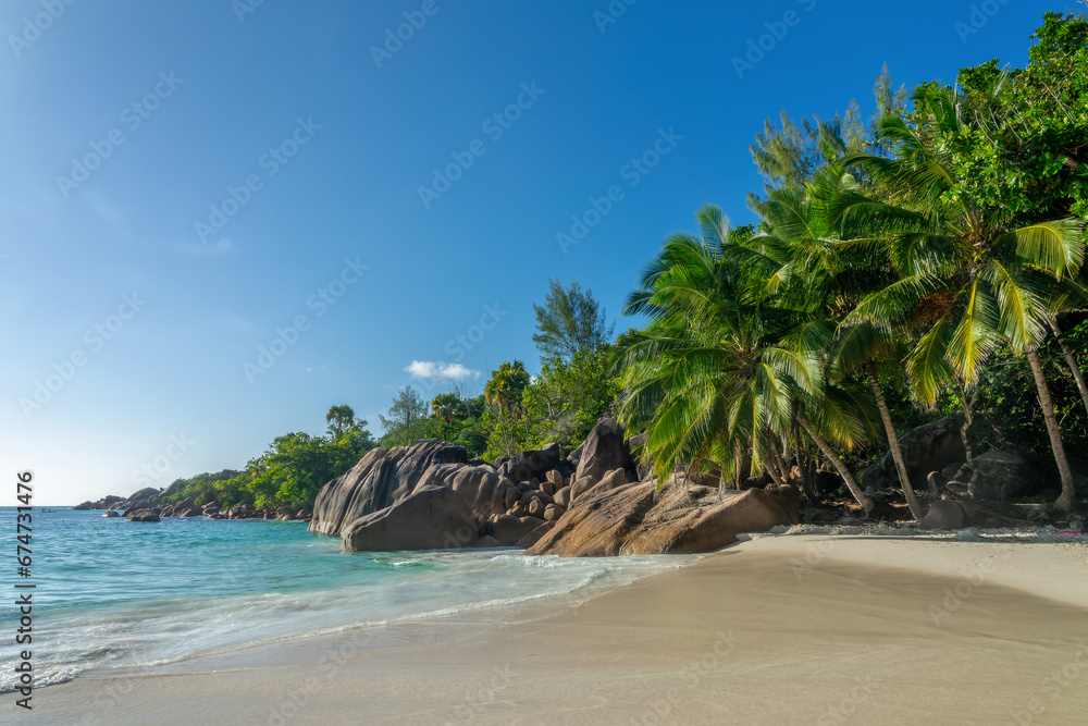 Palm trees and granite rocks at Anse Lazio, scenic beach in Praslin island, Seychelles Palm trees and granite rocks at Anse Lazio, scenic beach in Praslin island, Seychelles