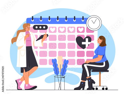 Pregnancy planner concept. Woman and doctor near calendar. Gynecologist with patient. Ovulation and female reproductive system. Cartoon flat vector illustration isolated on white background