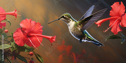 Hummingbird with pink bloom in forest habitat. Colibri thalassinus, flying in the nature tropical wood habitat, red flower. Hummingbird flying next to beautiful flower AI Generated photo