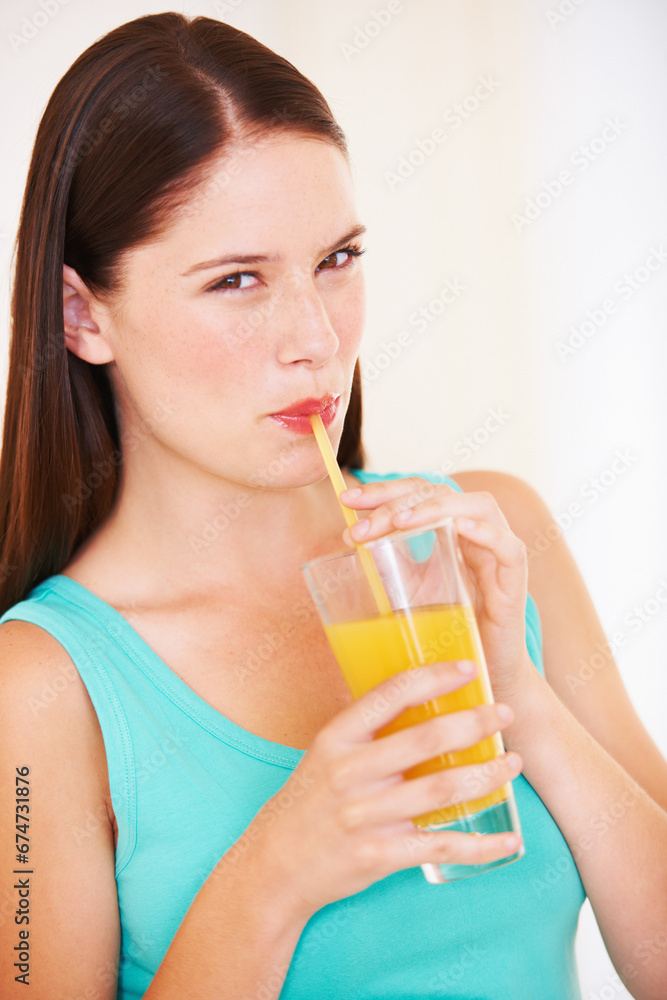 Health, drink and portrait of woman with juice for nutrition, wellness and hydration in studio. Happy, smile and face of person with fruit blend for vitamins, detox and diet on white background Health, drink and portrait of woman with juice for nutrition, wellness and hydration in studio. Happy, smile and face of person with fruit blend for vitamins, detox and diet on white background