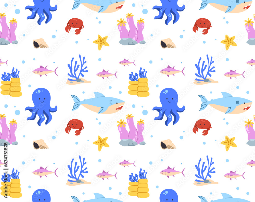 Sea animals seamless pattern. Repeating design element for printing on fabric. Octopus and shark with corals, seaweed. Nautical flora and fauna, wild life. Cartoon flat vector illustration