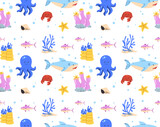 Sea animals seamless pattern. Repeating design element for printing on fabric. Octopus and shark with corals, seaweed. Nautical flora and fauna, wild life. Cartoon flat vector illustration